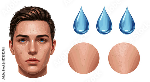 Illustration of a man's face with water droplets and two eggs on a white background digital art
