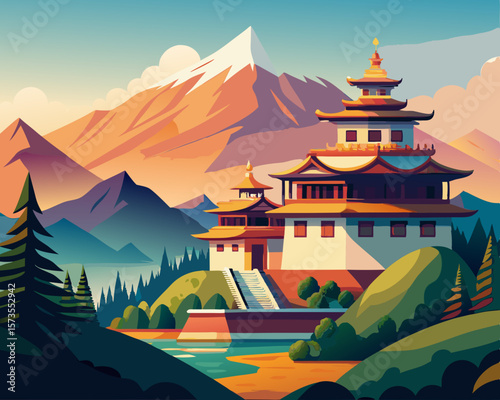 colorful vector illustration of a serena temple house in the top of hill with mountains as background