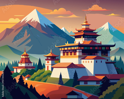 colorful vector illustration of a serena temple house in the top of hill with mountains as background