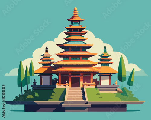 colorful vector illustration of a traditional balinese temple surrounded by lush garden