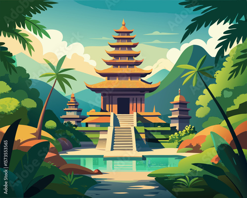 colorful vector illustration of a traditional balinese temple surrounded by lush garden