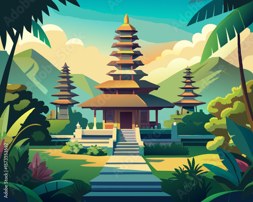 colorful vector illustration of a traditional balinese temple surrounded by lush garden