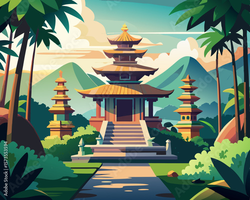 colorful vector illustration of a traditional balinese temple surrounded by lush garden