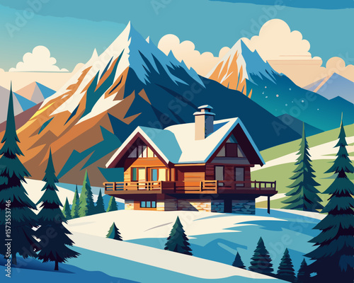 colorful vector illustration of a traditional swiss chalet with wooden cabin and snow mountains as background
