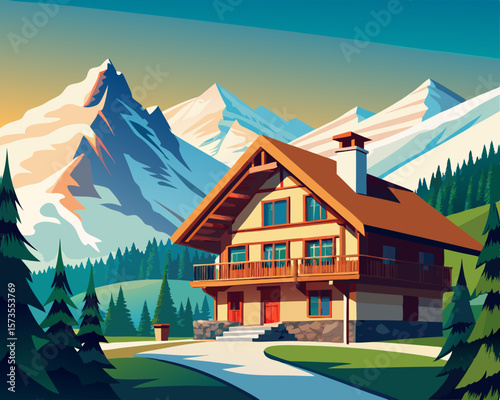 colorful vector illustration of a traditional swiss chalet with wooden cabin and snow mountains as background