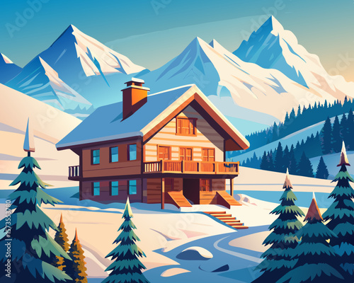 colorful vector illustration of a traditional swiss chalet with wooden cabin and snow mountains as background