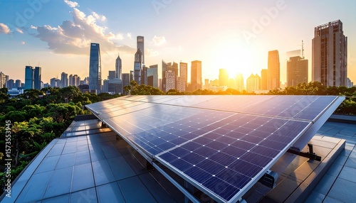 City rooftop solar panels at sunset