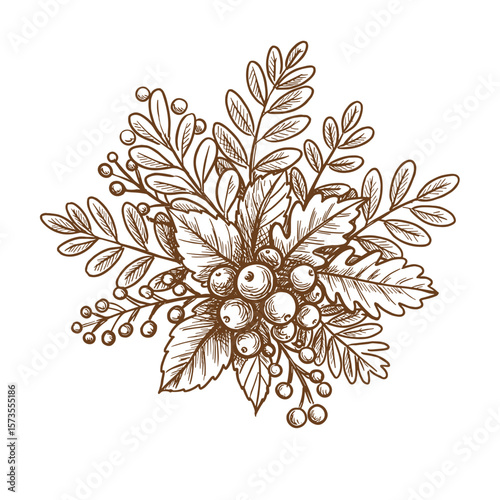 Autumn foliage bouquet in sketch style with leaves and berries  