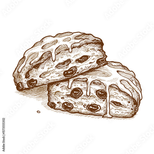 Freshly baked scones with cranberry glaze on transparent background  