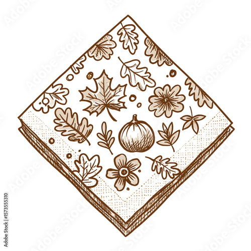 Autumn-themed napkin with floral and leaf print design  