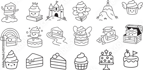 Cute Cartoon Cakes in Delightful Styles Black and White Line Art for Kids Coloring Book | Generative AI