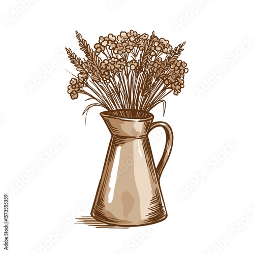 Dried flowers in pitcher on transparent background representing Fall Aesthetic  