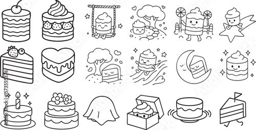 Cute Cartoon Cakes in Delightful Styles Black and White Line Art for Kids Coloring Book | Generative AI
