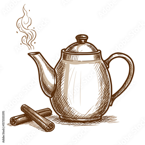 Vintage teapot with steam and cinnamon sticks in warm tones  