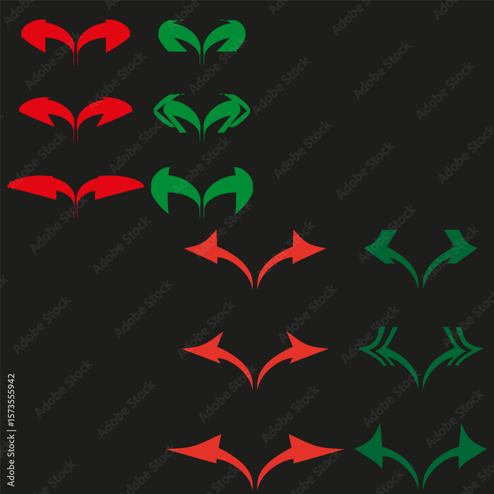 Fototapeta premium Curved arrow icon. Dual direction symbols. Red green contrast. Vector black background.