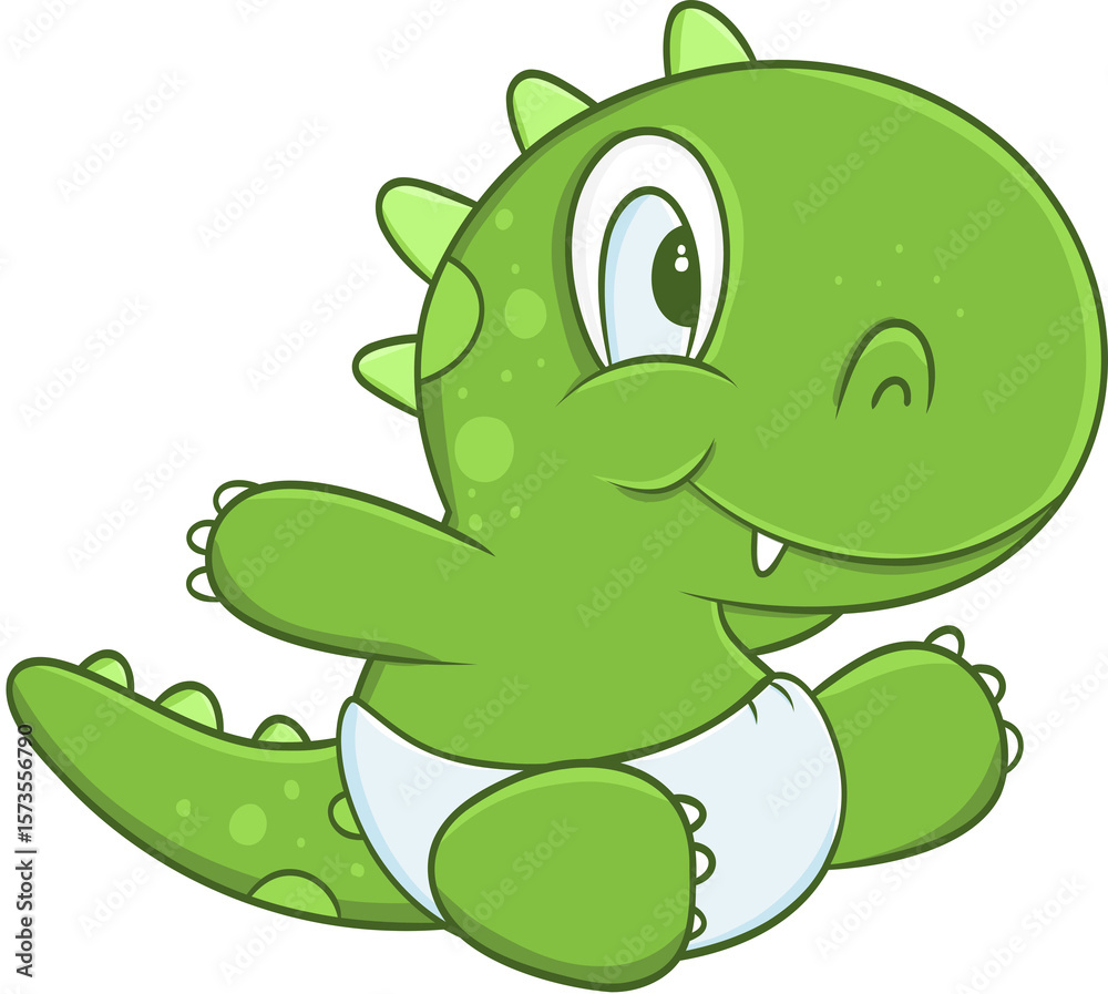 Naklejka premium Cute green Little Baby Dinosaur wearing a diaper with transparent background