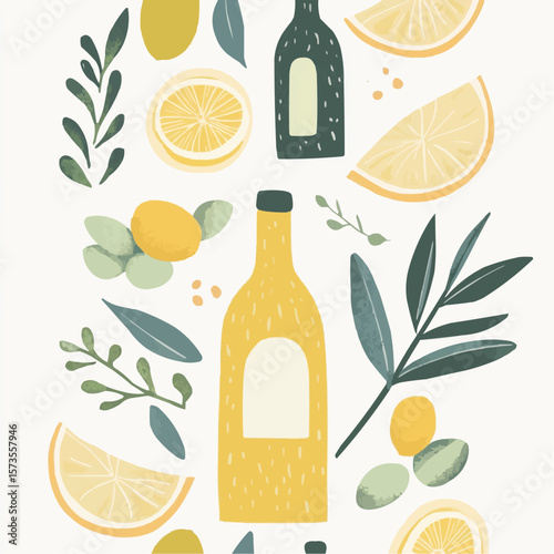 Flat decorative Greek food background with olives, lemon slices, bottles and herbs, perfect for packaging, digital paper and cheerful printables
