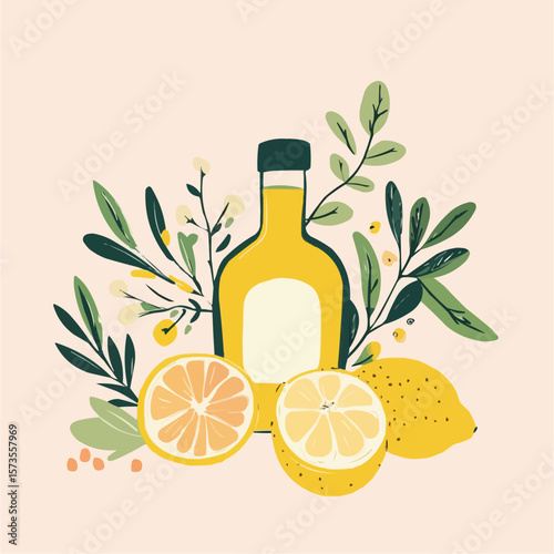 Flat naive composition with olive oil bottle, lemon slices and herbs, ideal for wall art, packaging, kitchen prints and greeting cards