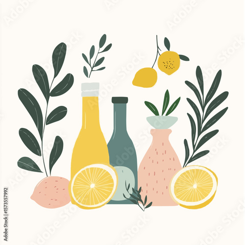 Minimal naive Greek kitchen clipart with bottles, lemon, herbs and olives, perfect for packaging, nursery wall art and printable cards