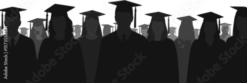 Silhouettes of students with graduate caps in a row isolated on white panoramic background. Class of 2025 2026 graduation ceremony at university web banner.