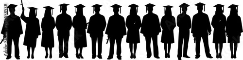 Silhouettes of students with graduate caps in a row isolated on white panoramic background. Class of 2025 2026 graduation ceremony at university web banner.