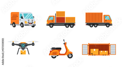 Cartoon Delivery Vehicles and Cargo Containers