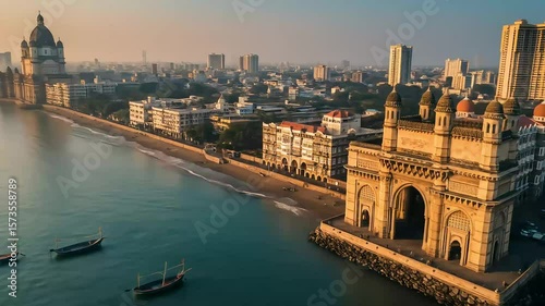 Aerial View Of Gateway Of India And Cityscape In Mumbai With Golden Hour Lighting