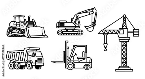 Collection of Black and White Line Drawings of Construction Vehicles