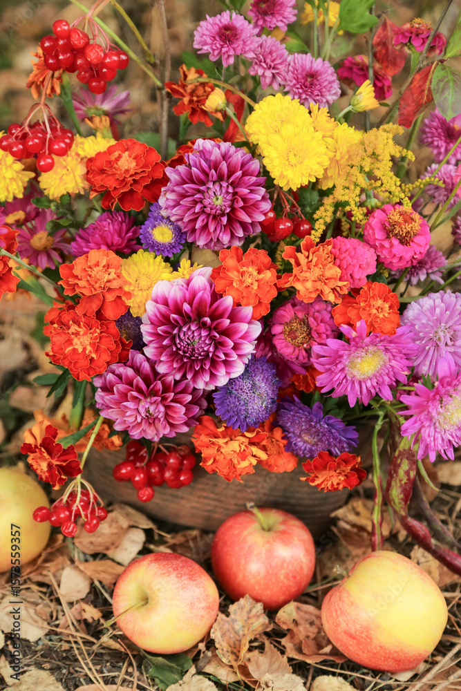 custom made wallpaper toronto digitalBeautiful autumn pink yellow orange red purple bouquet with dahlia, aster, marigold flower and colorful leaves and apples. Still life with fall flowers close up