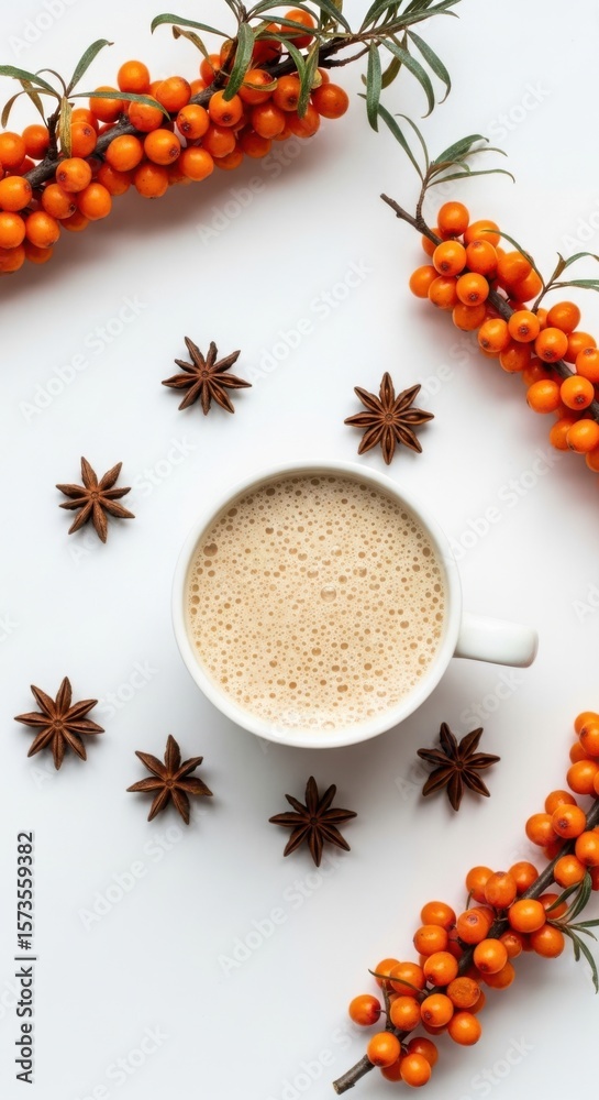 Fototapeta premium Cozy autumn beverage with sea buckthorn and star anise