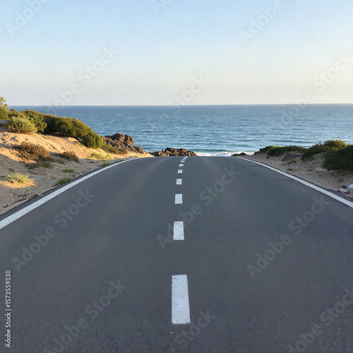 Scenic road leading to the sea with clear blue sky and coastline background
