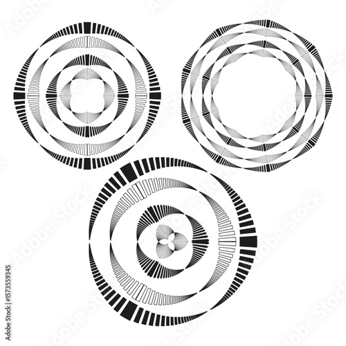 Abstract pattern set. Geometric circle forms. Black white Vector. Dynamic line elements.