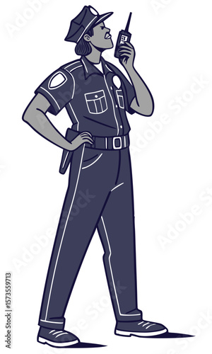 Female police officer communicating with radio device