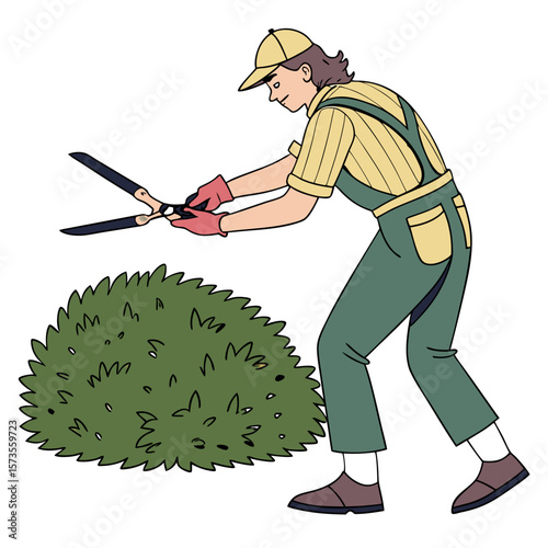 Gardener trimming bush with hedge shears