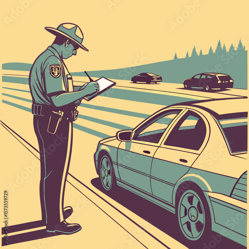 Highway patrol officer writing traffic ticket