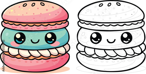 Cute Kawaii Ice Cream Macaron Character Adorable Pastel Dessert Vector Illustration for National Ice Cream Day, Children’s Design, Summer Treats, and Food-Themed Celebration Projects