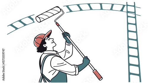 painter working on curved wall with ladder