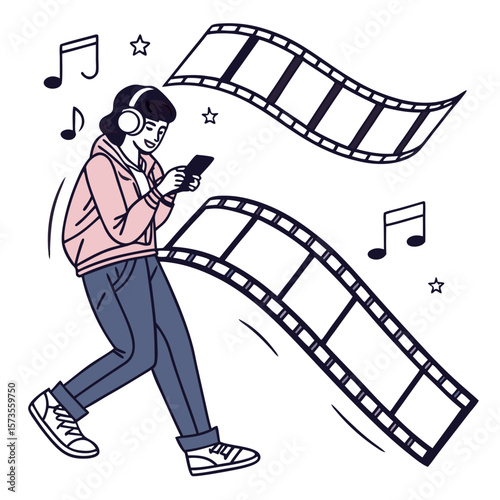 person listening to music with film strips