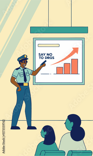 Police officer presenting anti-drug awareness information
