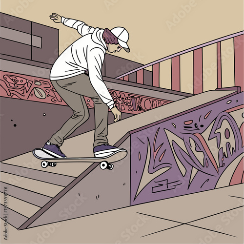 skateboarder performing trick on urban concrete ledge