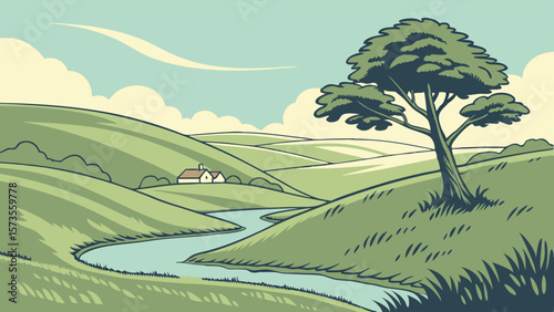 Rolling hills and riverside countryside scene