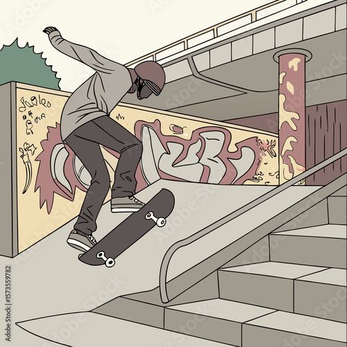 Skateboarder performing trick on urban stairs