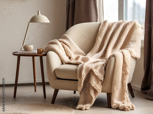 Cozy Interior Scene: Creamy Armchair with Knitted Blanket, Lamp, and Side Table