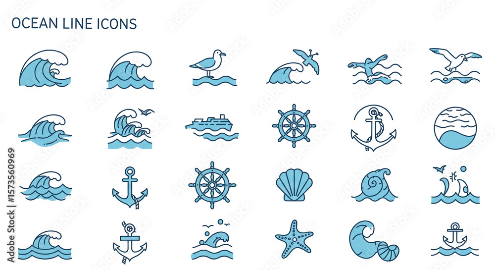 Fototapeta premium Ocean sea line icons vector set nautical design elements summer vacation cruise theme graphic resources on transparent background