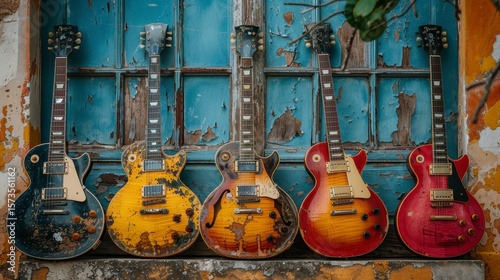 Five electric guitars leaning against a distressed blue wall. Aged, worn, various colors, and rustic