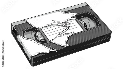 Distressed VHS Tape Illustration: Retro Media with Torn Label Aesthetic Design