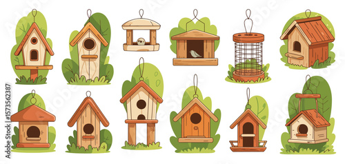 Collection of charming cartoon birdhouses and feeders in various designs