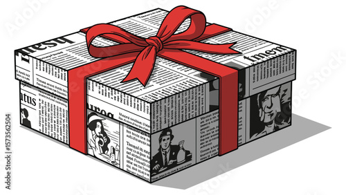 Stylized Gift Box Illustration with Newsprint and Red Ribbon Graphic Element