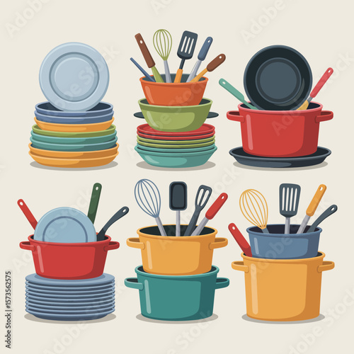 Collection of colorful kitchen pots pans plates and utensils arranged in stacks