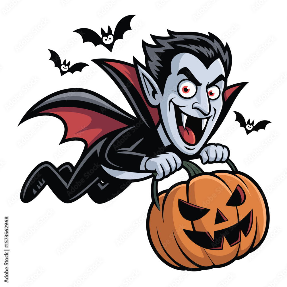 Happy cartoon vampire flying with a jack o lantern and bats on halloween Happy cartoon vampire flying with a jack o lantern and bats on halloween